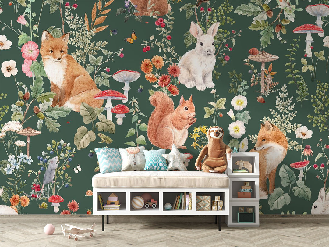 Enchanted forest animals wall mural with foxes, rabbits, hedgehogs, wildflowers, and mushrooms in a vintage botanical style, set against a deep green background.