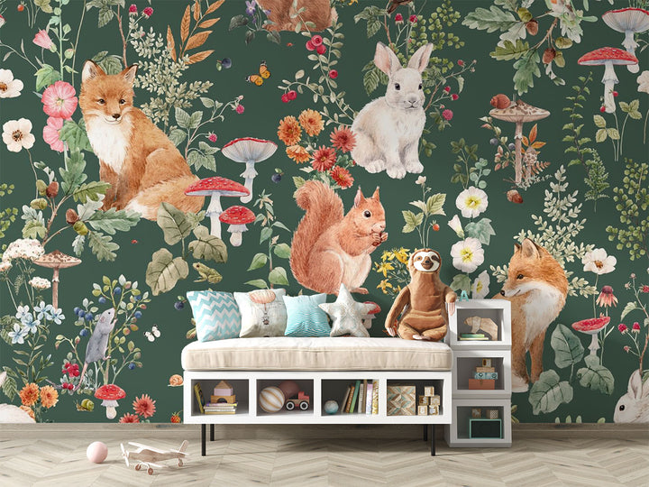 Enchanted forest animals wall mural with foxes, rabbits, hedgehogs, wildflowers, and mushrooms in a vintage botanical style, set against a deep green background.