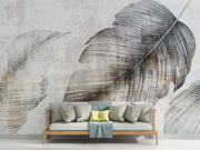 Textured feather wall mural in neutral grey and beige tones, featuring oversized artistic feather details, perfect for modern and minimalist interiors.