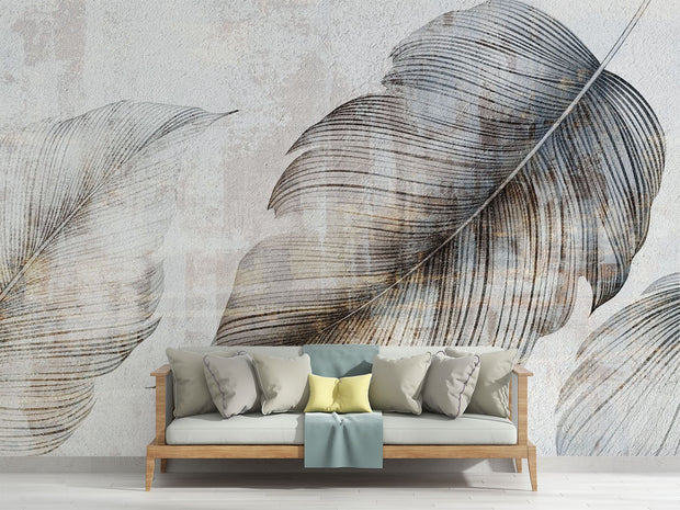 Textured feather wall mural in neutral grey and beige tones, featuring oversized artistic feather details, perfect for modern and minimalist interiors.