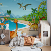 Colorful dinosaur adventure wall mural featuring friendly prehistoric dinosaurs, tropical landscapes, and a bright blue sky, perfect for kid's bedrooms and playrooms.