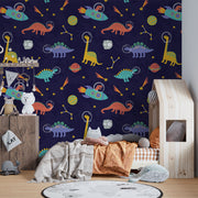 Space Dinosaurs Wall Mural featuring colorful astronaut dinosaurs, planets and stars; decorating kid's bedroom.