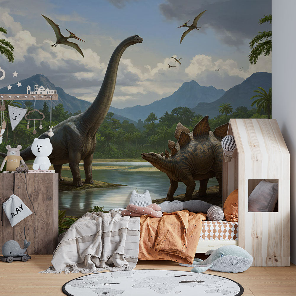 Realistic dinosaur wall mural featuring a Brachiosaurus, Stegosaurus, lush jungle landscape, towering palm trees, and flying pterosaurs in a prehistoric setting.