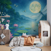 Enchanting moonlit lily pond wall mural with glowing fireflies, dragonflies, and pink water lilies in a magical forest setting