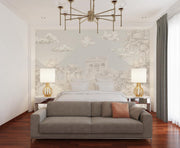 Elegant scenic wall mural with a classical landscape featuring trees, hills, and ancient architectural details in soft, neutral tones.