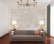 Elegant scenic wall mural with a classical landscape featuring trees, hills, and ancient architectural details in soft, neutral tones.