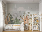 Fantasy Woodland Wall Mural with watercolor pine trees, oak branches, and misty mountains. Perfect nursery or children's room decor.