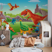 Cartoon dinosaur wall mural featuring a roaring T-Rex, playful dinosaurs, and a bright prehistoric landscape, perfect for kid's bedrooms and playrooms