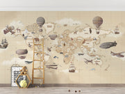 Vintage-style children's world map wall mural with hot air balloons and animals, styled in neutral nursery.
