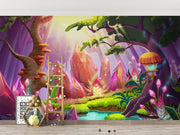Enchanted forest wallpaper with vibrant colors, fairy-tale scenery, and a peaceful, whimsical ambiance. Ideal for kid's rooms, nurseries and creative spaces.