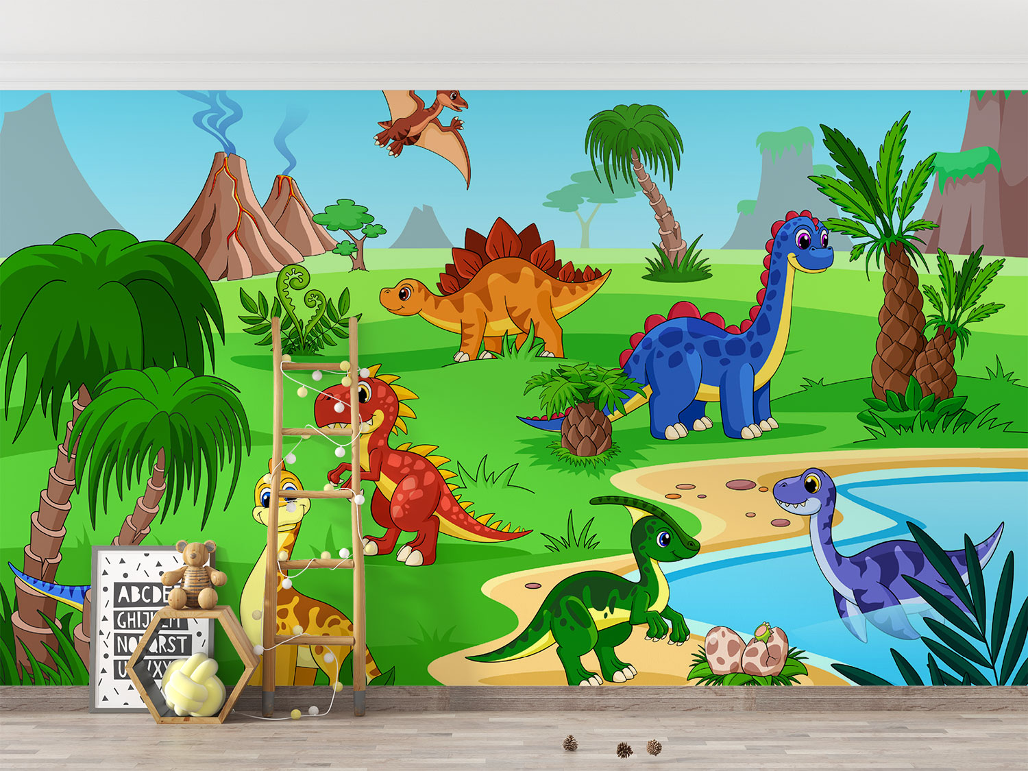 Bright and colorful dinosaur mural featuring friendly cartoon dinosaurs, volcanoes, and lush jungle scenery for a playful kids' room.