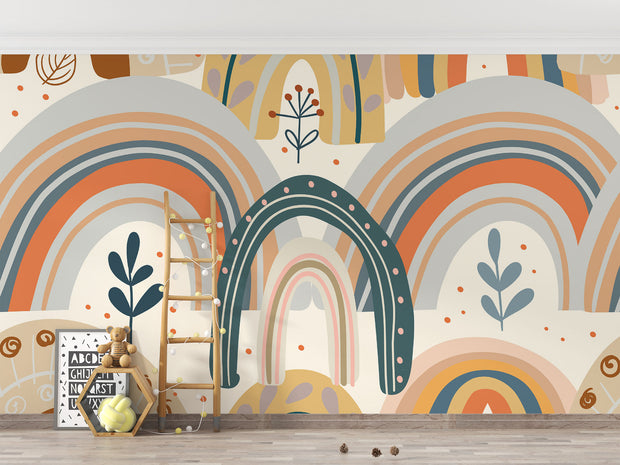 Boho-style kids wall mural with hand-drawn earthy rainbows, abstract florals, and neutral tones in a modern children's playroom.
