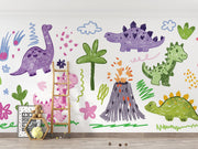 Bright and playful dinosaur doodle mural featuring colorful, crayon-style dinos, volcanoes, and prehistoric plants for a kids' room.