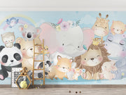 Watercolor baby animal wall mural with an elephant, lion, panda, fox, koala, and other cute creatures in pastel tones.