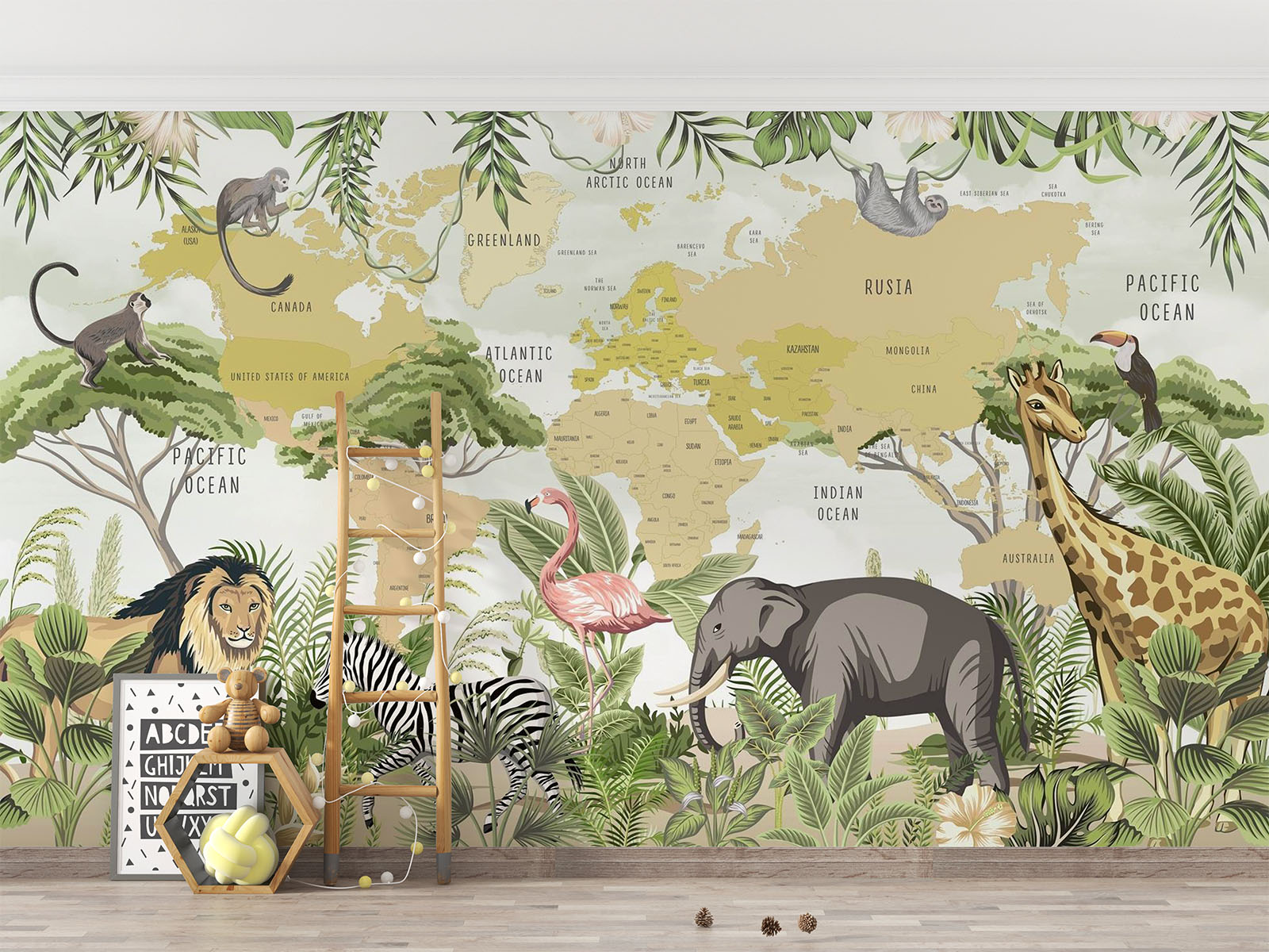 Children's world map wall mural with illustrated safari animals and tropical plants, styled in modern nursery setting.