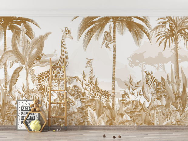 A sophisticated golden jungle wall mural with giraffes, monkeys, and zebras in lush tropical foliage, designed for a safari-themed kid's room or nursery.