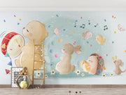 Illustrated woodland animal wall mural featuring a bear playing a drum, a bunny with marbles, a hedgehog with lights, and a mouse with maracas, surrounded by music notes and confetti – perfect for nurseries and kids’ rooms.