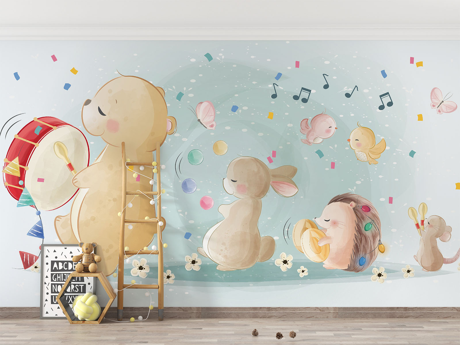 Illustrated woodland animal wall mural featuring a bear playing a drum, a bunny with marbles, a hedgehog with lights, and a mouse with maracas, surrounded by music notes and confetti – perfect for nurseries and kids’ rooms.