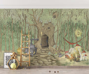 Enchanted forest treehouse wall mural featuring a whimsical woodland scene with rustic furniture, cozy decor, and fairy tale charm, perfect for a kids' room.