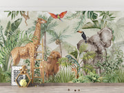 Tropical safari wall mural with exotic animals, including an elephant, giraffe, lion, toucan, and parrot, surrounded by lush tropical leaves and greenery – perfect for kid's rooms and nature-inspired interiors.
