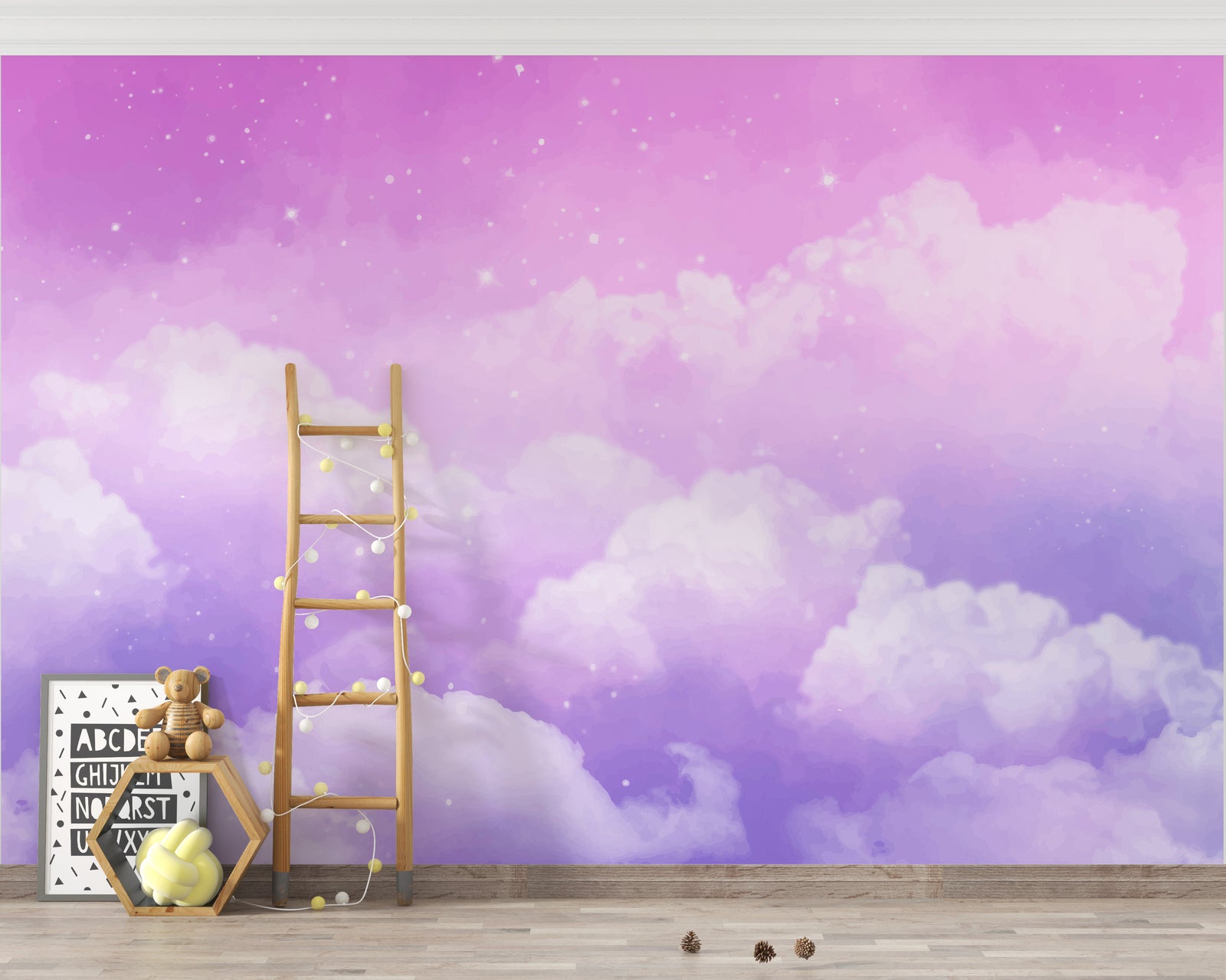 Dreamy cloud-themed wall mural with soft purple hues and fluffy white clouds, decorating a modern children's room with cosy accents and toys.
