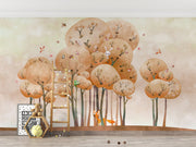 Woodland adventure wall mural with illustrated trees, animals and playful nature elements in a cozy children's room setting.