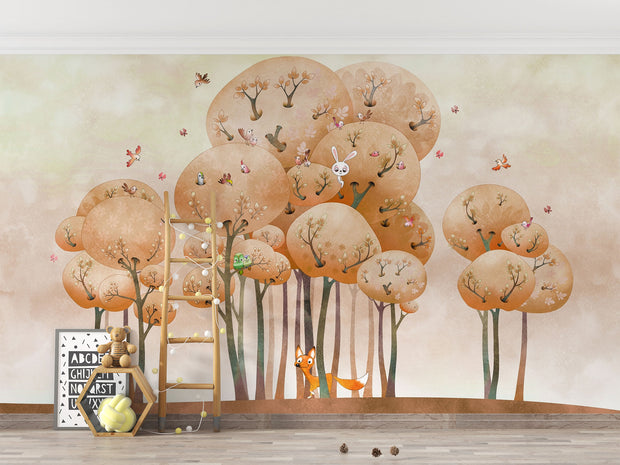 Woodland adventure wall mural with illustrated trees, animals and playful nature elements in a cozy children's room setting.