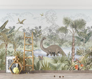 Prehistoric dinosaur wall mural featuring a jungle scene with a Brachiosaurus, Stegosaurus, pterodactyls, and a volcano in a children’s room.