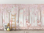 Fairy Forest Wall Mural with whimsical fairies, unicorns, cherry blossoms, and woodland scenery, perfect for a magical-themed children's room.
