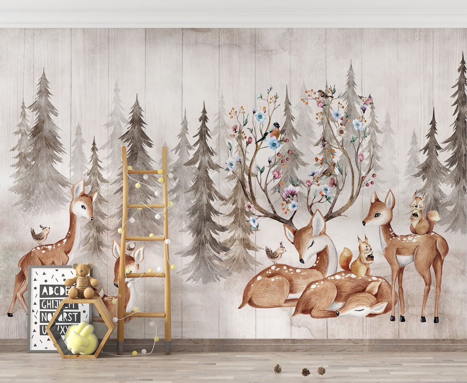 Enchanted meadow nursery wall mural with watercolor forest animals.