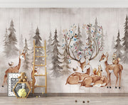 Enchanted meadow nursery wall mural with watercolor forest animals.