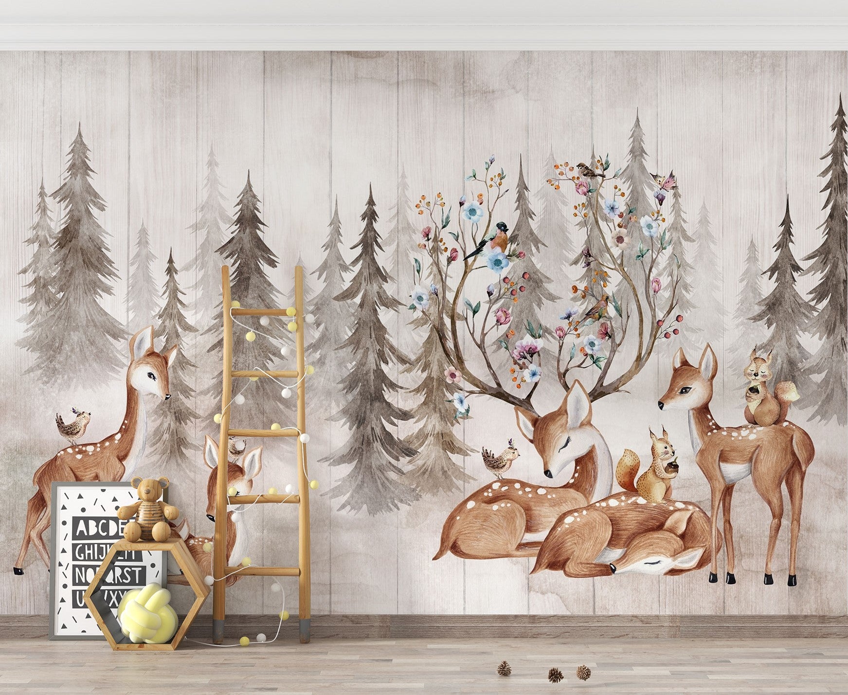 Enchanted meadow nursery wall mural with watercolor forest animals.
