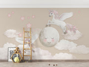 Whimsical Unicorn and Moon Wall Mural with flying unicorns, a smiling moon, pink stars, and fluffy clouds. Perfect fantasy decor for children's rooms.