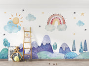 Watercolor kids' room mural with pastel mountains, a rainbow, a sun, clouds, and stars for a dreamy, playful atmosphere.