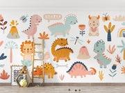 Cute pastel dinosaur mural featuring friendly dino characters, volcanoes, and nature elements for a fun and modern kids' room.