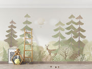 Soft pastel woodland wall mural with trees, a deer, and a dreamy forest landscape for nurseries and kids' rooms.