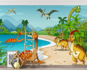 Colorful dinosaur adventure wall mural featuring friendly prehistoric dinosaurs, tropical landscapes, and a bright blue sky, perfect for kid's bedrooms and playrooms.