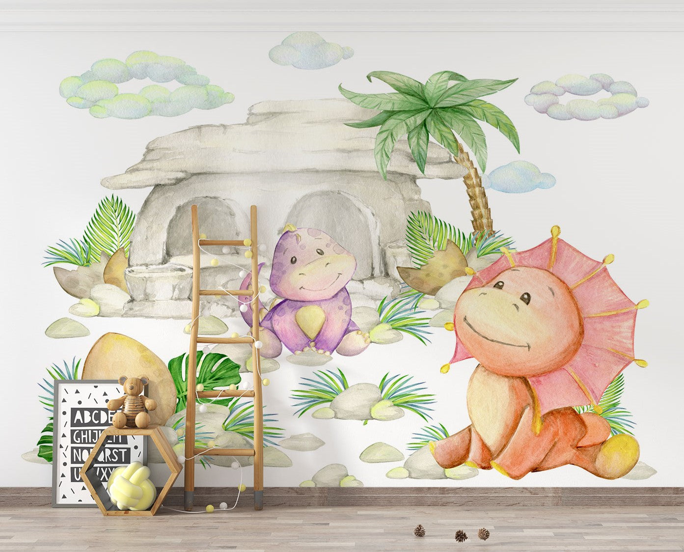 Watercolour little dinosaurs wall mural, perfect for decorating kids room or playroom.
