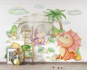 Watercolour little dinosaurs wall mural, perfect for decorating kids room or playroom.