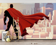 Wall mural depicting a superhero in a red cape looks over the city.