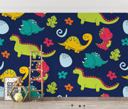 Colorful dinosaur wall mural with vibrant cartoon dinosaurs on a navy blue background, decorating kid's playroom.