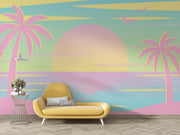 Pastel tropical sunset wall mural with pink palm trees, a yellow sun and a serene beach scene in soft pastel tones.