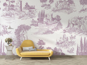 Toile de Jouy wall mural with delicate French countryside scenes in classic vintage style.