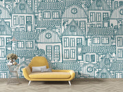 Sketch house wall mural featuring hand-drawn village-style houses with rooftops and windows, creating a cozy and artistic room atmosphere.
