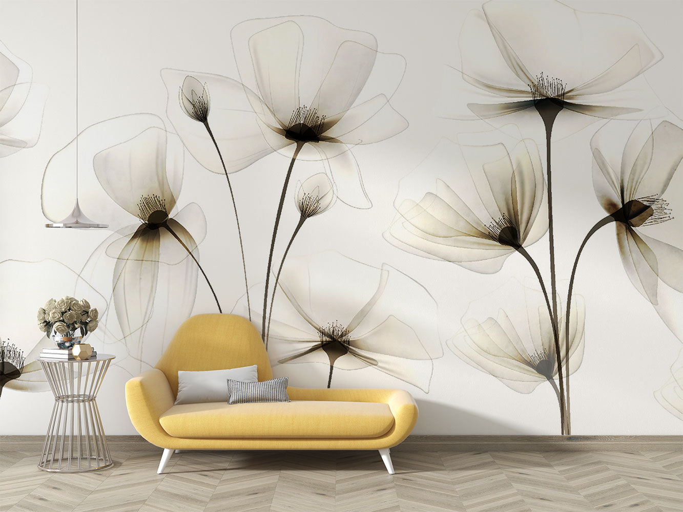 Elegant transparent floral wall mural with delicate, translucent flowers in soft neutral tones, perfect for modern minimalist interior decor.
