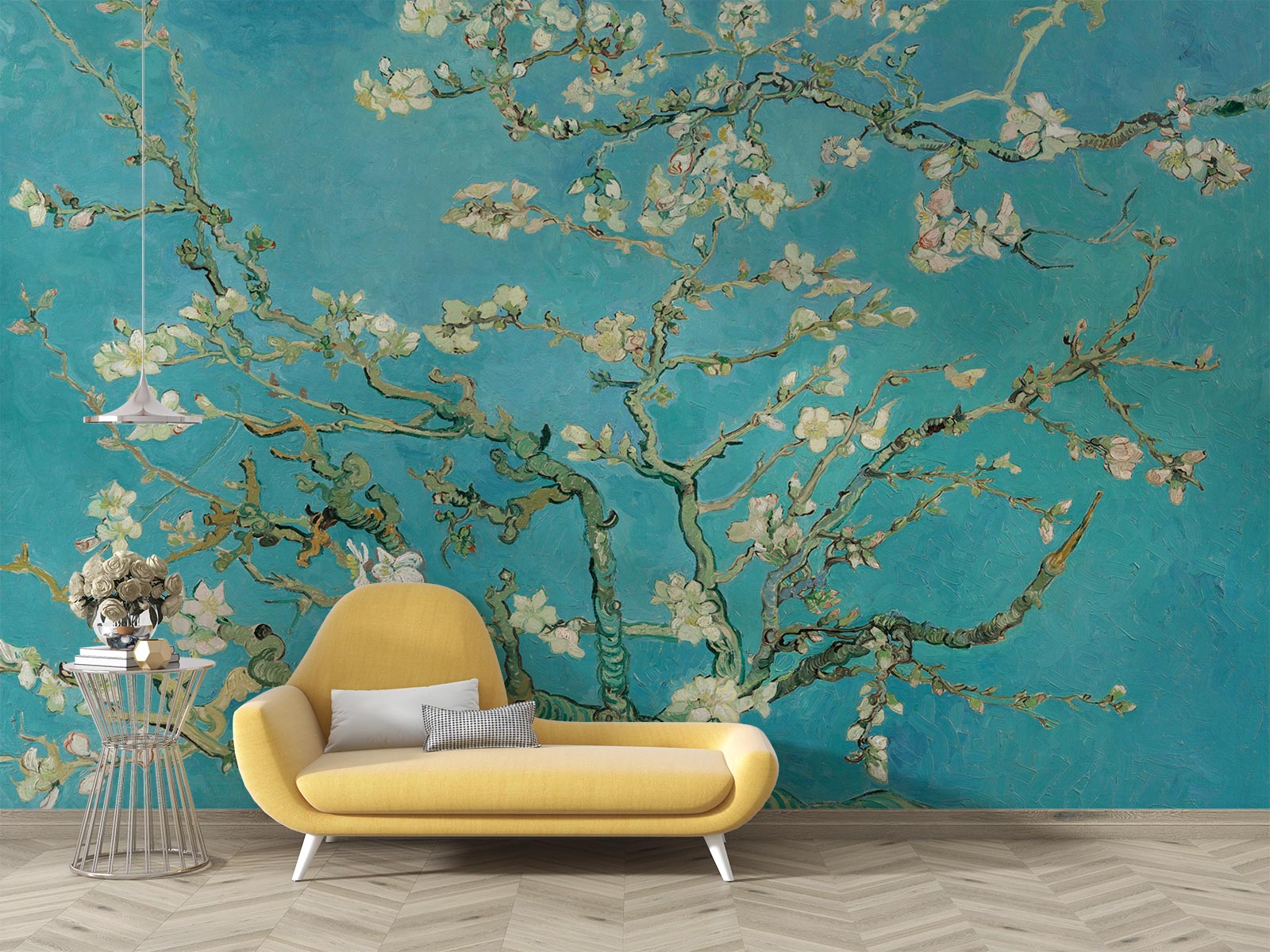 Wall mural of almond blossoms on a turquoise background, inspired by classic artwork, enhancing a modern living room with artistic elegance.