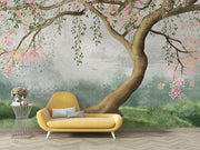 Elegant blooming tree mural with pastel flowers, flowing branches, and a dreamy misty background, perfect for nature-inspired interior decor.