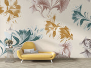 Abstract watercolor floral wall mural with oversized botanical patterns in gold, teal, and taupe tones, perfect for modern and artistic interior decor.