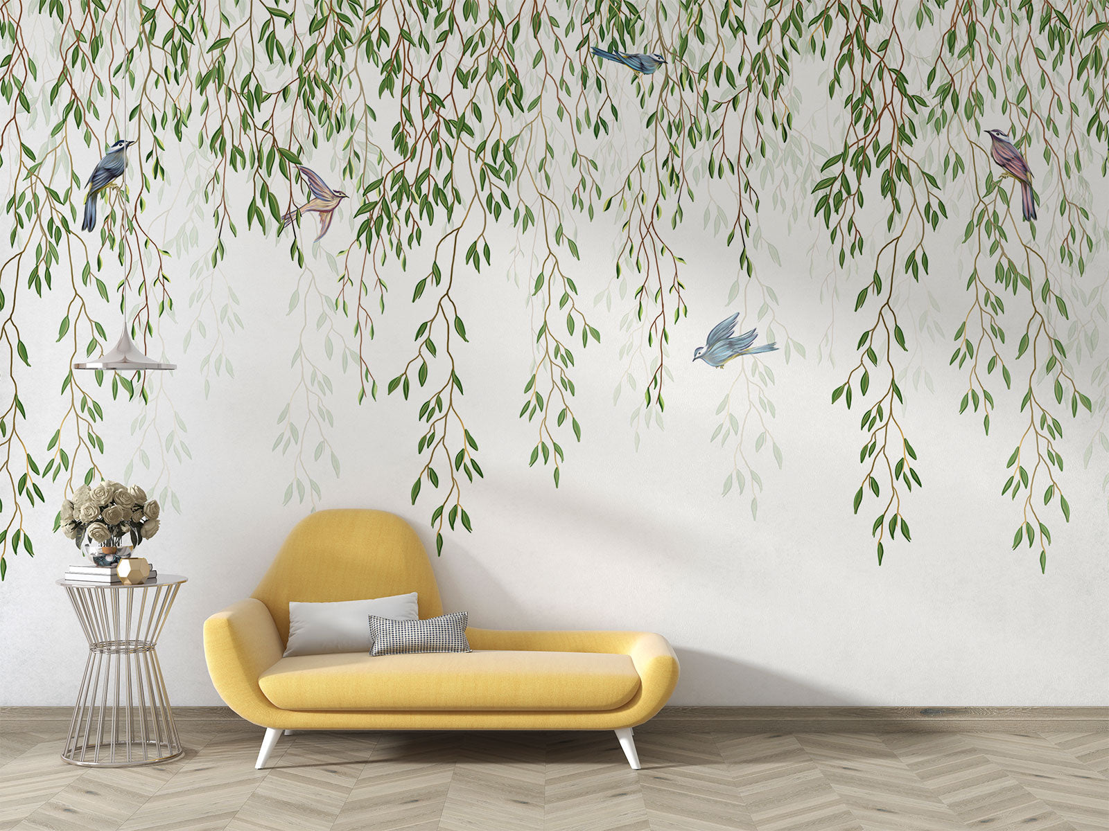 Willow Branches Wall Mural – A serene nature-inspired wallpaper featuring cascading willow branches and birds on a soft background.