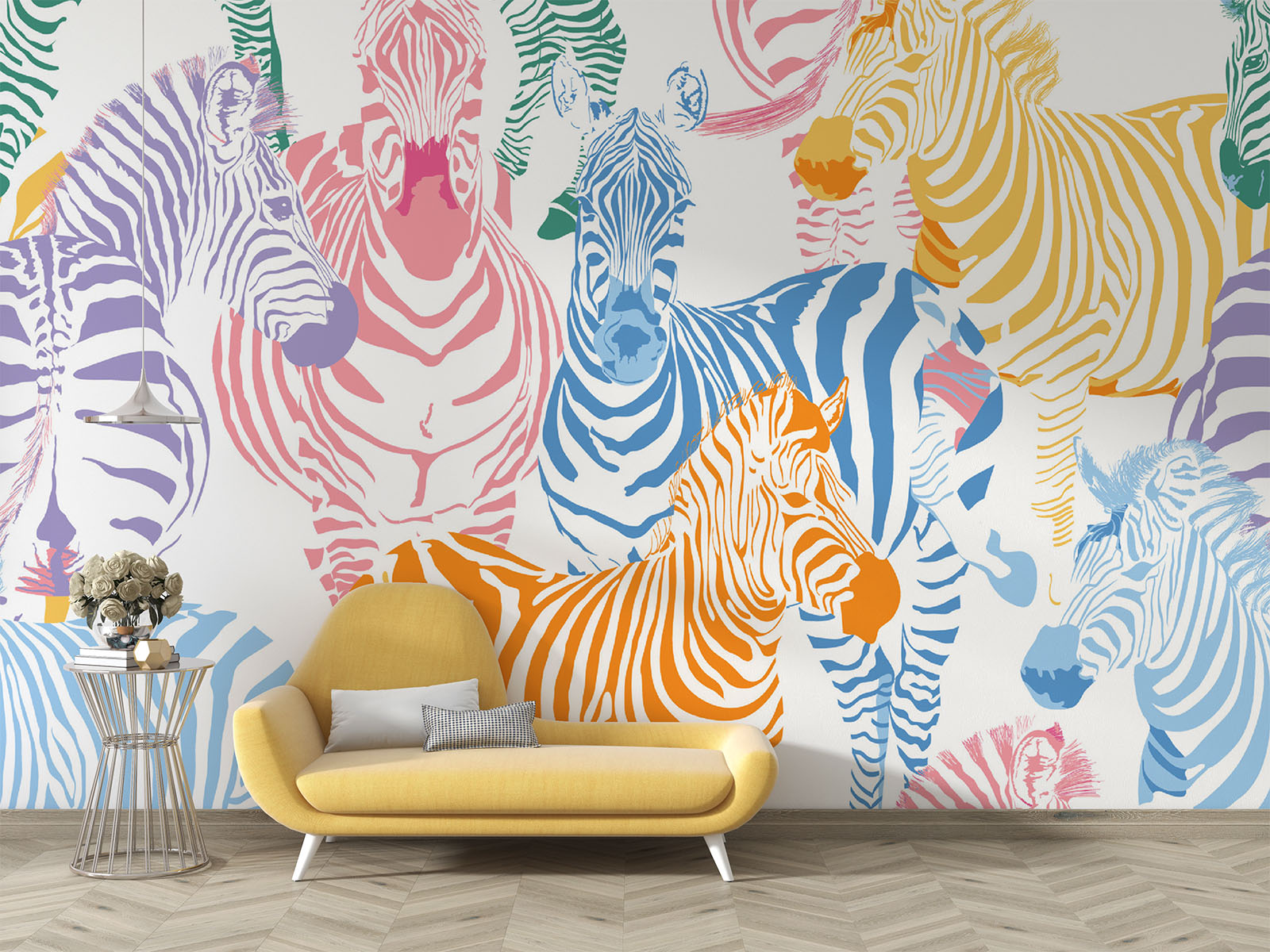 Multicolor zebra wall mural featuring vibrant pink, blue, orange, and yellow zebras on a white background, ideal for modern decor.